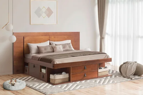 Vista 10 de Memomad Bali Set: Plataforma de almacenamiento con cajones + Cabecera con estantería (Tamaño individual, madera color marrón caramelo)