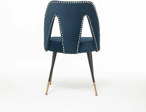 Vista 5 de Silla de comedor tapizada de terciopelo con patas de metal y respaldo abierto, decoración de remaches, silla auxiliar contemporánea, para comedor