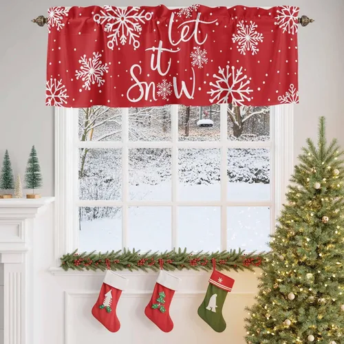 Vista 79 de Cenefa de cortina con lazo rojo de Navidad para ventanas, sala de estar, cocina, baño, granja, bolas de Navidad de acuarela con diseño de bayas