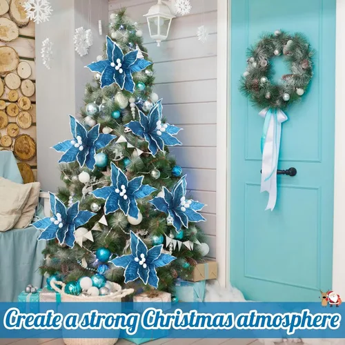 Vista 4 de Zeyune 6 Piezas Flores de Pascua Azules de Navidad Artificiales Grandes Espinas de Pascua Falsas Flores de Franela con Borde Helado para Adornos