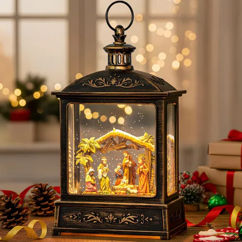 Vista 37 de Gnomos de Navidad de 10 pulgadas, linterna de globo de nieve iluminada, caprichoso árbol de Navidad y elfo escandinavo, linterna de agua musical