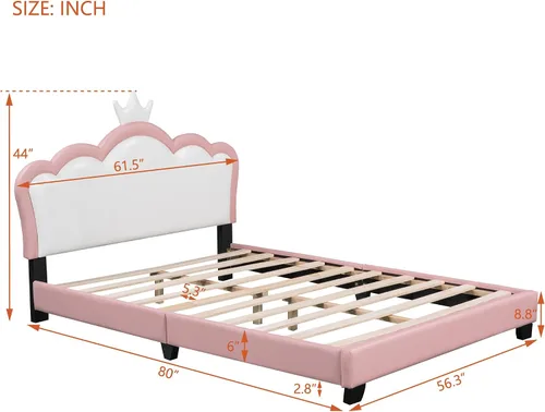 Vista 2 de Cama de princesa rosa con cabecera corona, cama de plataforma tamaño matrimonial, tapizada, no necesita somier