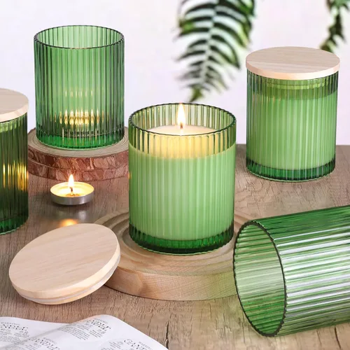 Vista 9 de sunnyfuture Juego de 8 tarros de vela azules de 10 onzas para hacer velas, tarros de vela de vidrio acanalado con tapas y etiquetas de madera