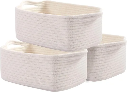 Vista 12 de OIAHOMY Cestas tejidas de cuerda de algodón para almacenamiento, cesta de almacenamiento rectangular para guardería con asas para estantes, paquete