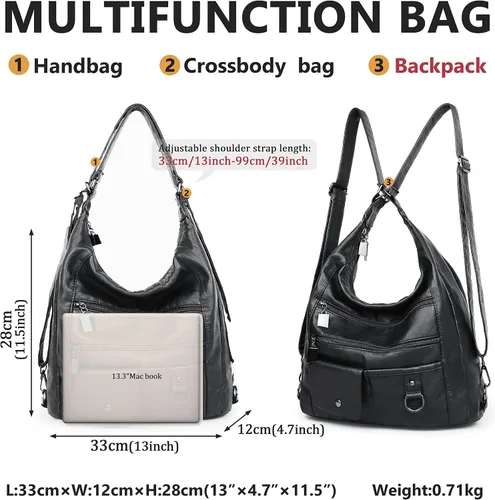 Vista 3 de Bolso y bolso de mano de cuero lavado suave para mujer, mochila convertible, bolso de hombro de gran capacidad, bolso cruzado