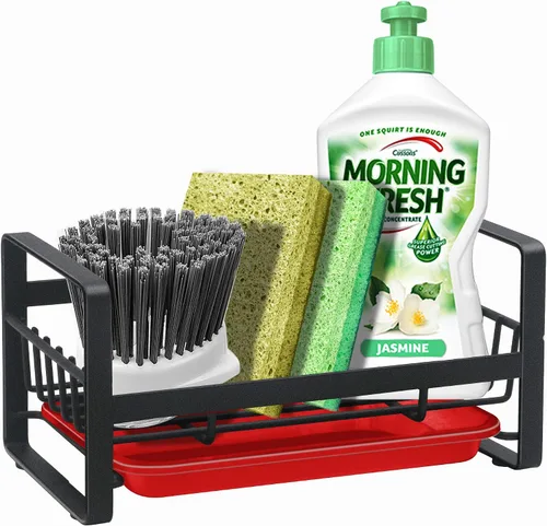 Vista 8 de Soporte de esponja de cocina para fregadero, organizador de fregadero de cocina, escurridor de bandeja de fregadero, trapos de platos, cepillo
