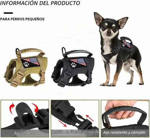 Vista 6 de Arnés táctico para perro, chaleco táctico para cachorros, con mango de goma, K9, ajustable y militar, chaleco para mascotas, arnés para Negro