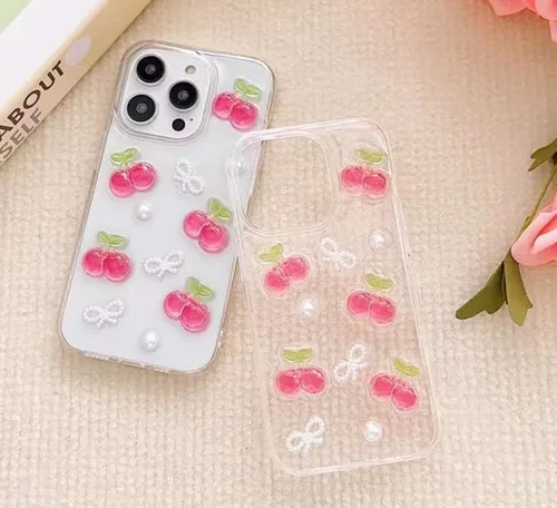Vista 4 de Blingy's Funda para iPhone 14 Pro Max, bonito patrón de cerezas, estilo tropical, funda protectora transparente de TPU suave transparente de 6.7