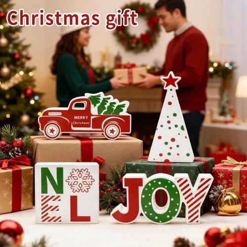 Vista 3 de 4 piezas de decoración de mesa de Navidad para interiores, camión rojo de madera, bandeja escalonada de invierno, decoración rústica de árbol