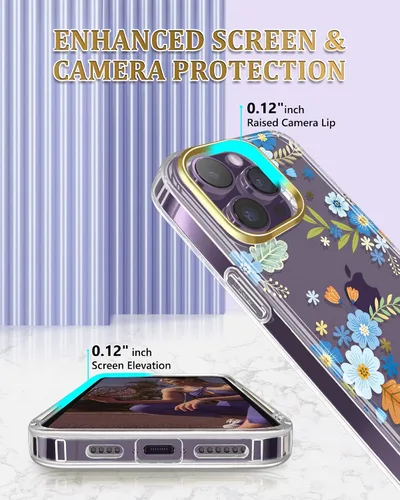 Vista 4 de Funda diseñada para iPhone 14 Pro con protector de pantalla + protector de lente de cámara, chapado en purpurina con flores, a prueba de golpes Azul