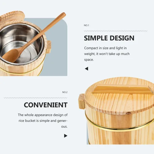 Vista 5 de SHOWERORO Cubo de arroz de madera con tapa, 6.3 x 4.7 x 4.3 pulgadas, cuenco de arroz para sushi estilo japonés y bañera mezcladora Bibimbap plato