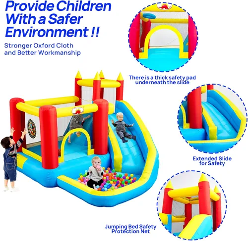 Vista 3 de WELLFUNTIME - Casa inflable para saltar con tobogán, castillo hinchable con ventilador, pared de escalada, diana, aro de baloncesto y 50 pelotas