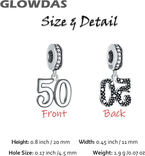 Vista 3 de GLOWDAS Abalorios de cumpleaños de 10 a 25 28 30 31 33 35 36 40 45 50 55 60 65 70 75 80, abalorios de plata de ley 925 para pulseracollar