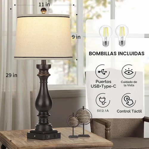 Vista 5 de Table Lamps for Living Room,Vintage Bedside Nightstand Bedroom Lamp,Single Negro-1p