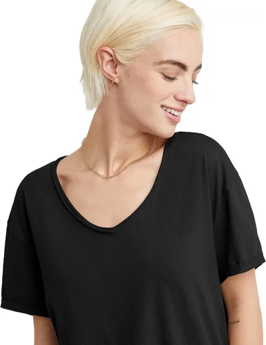 Vista 4 de Hanes Camiseta de manga corta con cuello en V para mujer con borde crudo, 100% algodón