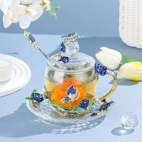 Vista 6 de Taza de café de vidrio, regalo de cumpleaños y Navidad para mujeres, mamá, hermana, novia, compañera de trabajo, taza de té de flores y mariposas