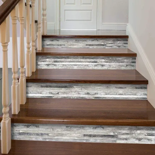 Vista 4 de funlife 3 tiras de calcomanías de vinilo autoadhesivas para escaleras, murales para escaleras, 39.37 x 7.09 pulgadas, gris ceniza Madera gris ceniza