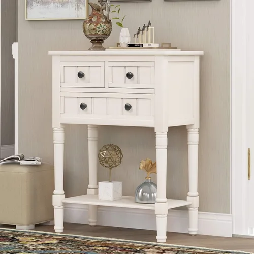 Vista 9 de P PURLOVE Mesa consola estrecha antigua, mesa de entrada delgada para sofá con 3 cajones de almacenamiento para sala de estar, entrada Beige