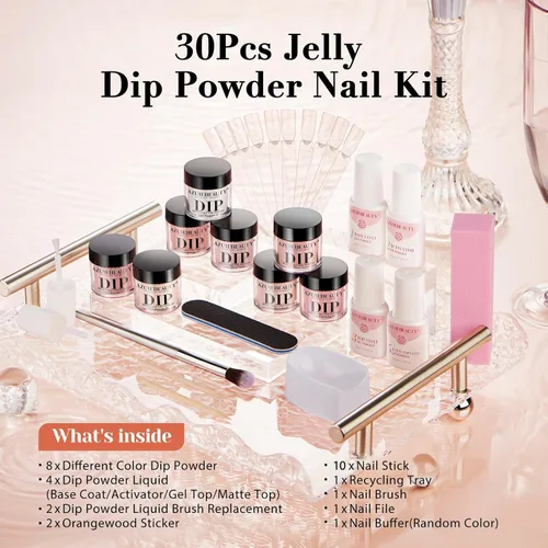 Vista 8 de AZUREBEAUTY Kit de uñas en polvo de inmersión, gelatina translúcida blanca lechosa, rosa desnudo, neutro, claro, 8 colores, juego de polvo