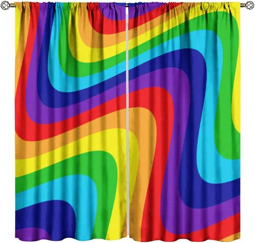 Vista 14 de Cortinas opacas abstractas de arco iris, pintura de color arcoíris con gotas, diseño gráfico creativo con bolsillo para barra, para sala de estar