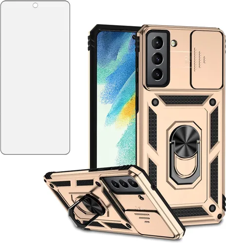 Vista 9 de Asuwish Funda de teléfono para Samsung Galaxy S21 FE 5G con protector de pantalla de vidrio templado y soporte delgado, funda protectora híbrida