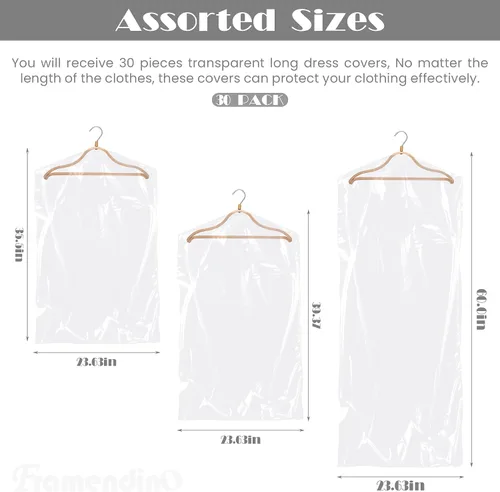 Vista 2 de Framendino, Paquete de 30 bolsas transparentes para ropa de limpieza en seco, fundas de plástico para colgar ropa, 3 tamaños 90/100/59.8 in