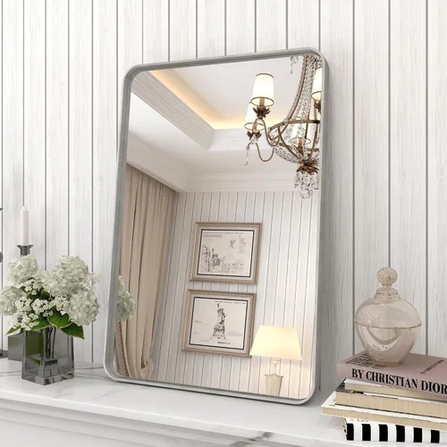 Vista 10 de Paquete de 2 espejos de baño con marco de metal negro de 22 x 30 pulgadas, espejo rectangular redondeado negro mate, antioxidante, se cuelga