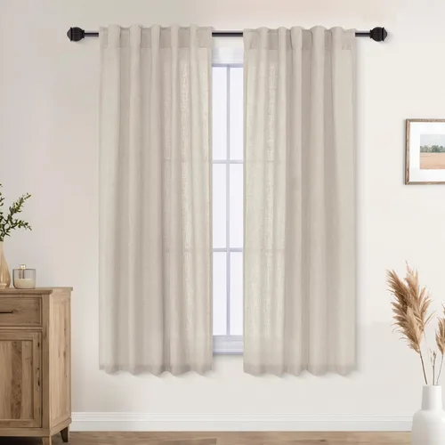 Vista 26 de Mrs.Naturall Cortinas negras de 45 pulgadas de largo, cortinas cortas de lino transparente para privacidad para cocina, dormitorio, ventanas