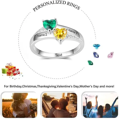 Vista 3 de Anillos de promesa personalizados para mujer grabado de 2 a 8 nombres y piedras natales anillo de corazón para abuela familia regalos para esposa