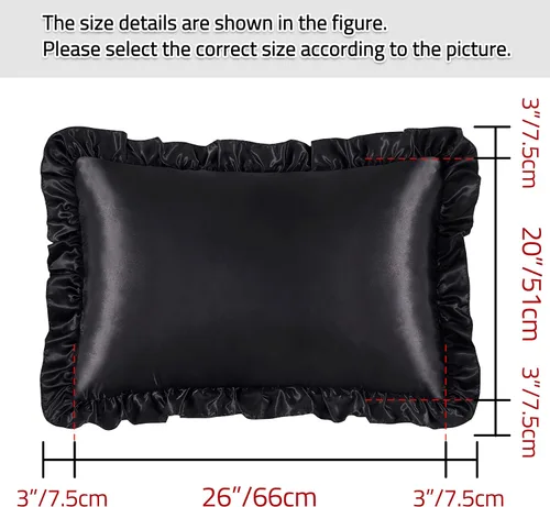 Vista 5 de Fundas de almohada de satén negro con volantes para el cabello y la piel, juego de 2 fundas de almohada de seda negras de tamaño estándar con cierre