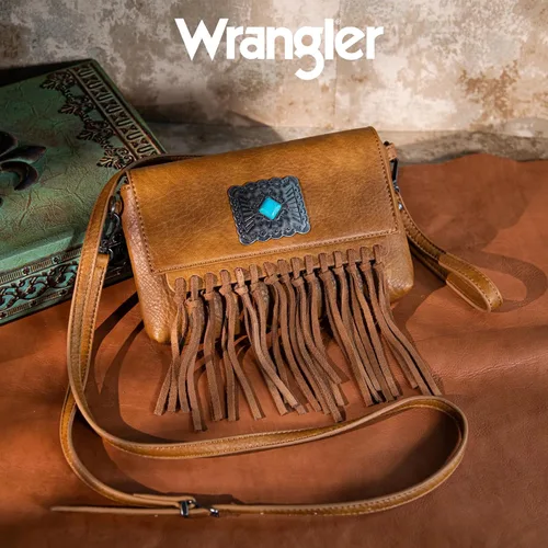 Vista 2 de Wrangler - Bolso de cuero genuino con flecos para mujer, color turquesa occidental