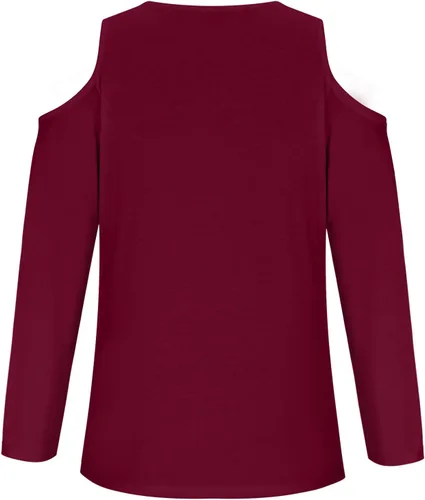 Vista 5 de Camisetas con cuello en V para mujer, color sólido, manga larga, hombros descubiertos, casuales, cómodas, sin botones, blusas básicas de invierno