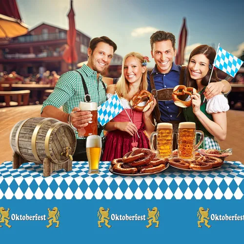 Vista 6 de 1 Pack Bavarian Oktoberfest Disposable Tablecloth Decorations, Plastic Rectangle Blue and White Bavarian Flag Check Table Cover, Oktoberfest
