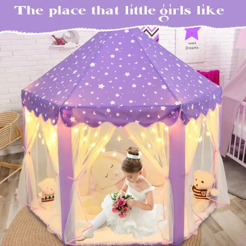 Vista 3 de Tienda de campaña de princesa púrpura para niñas, tienda de campaña para niños con luces LED de estrellas pequeñas, tienda de casa