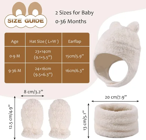 Vista 7 de Conjunto de gorro, bufanda y guantes de forro polar para bebé, gorro de invierno con orejeras para niños pequeños, bufandas y guantes cálidos