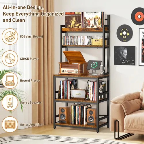 Vista 6 de Soporte para tocadiscos con almacenamiento de vinilo, soporte giratorio de 5 niveles con capacidad para más de 500 álbumes, mesa grande