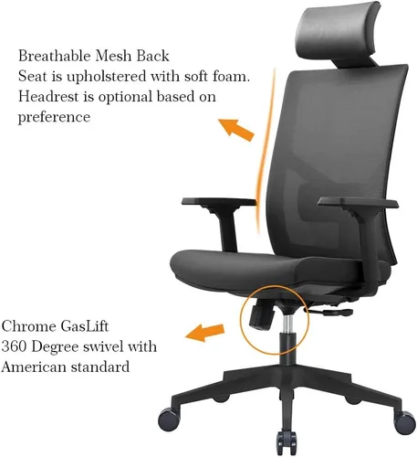 Vista 3 de Silla de oficina ergonómica de malla multifunción con soporte lumbar, reposabrazos ajustable, naranja (sin reposacabezas, negro)