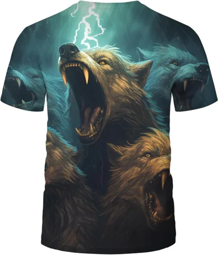 Vista 3 de Srcnhim Camiseta de animal con estampado 3D para hombre, camiseta de cuello redondo de lobo clásico casual