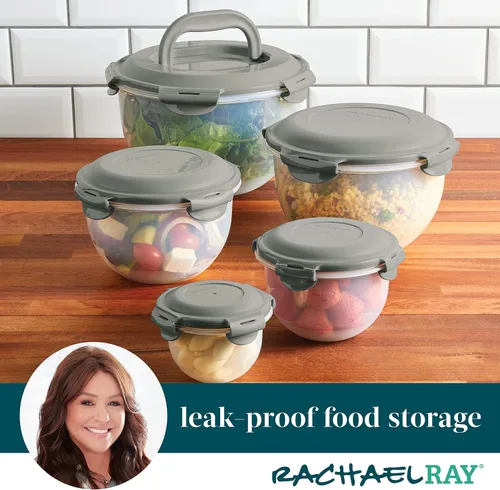 Vista 3 de Rachael Ray Juego de contenedores de almacenamiento de alimentos a prueba de fugas, 10 piezas, transparentes con tapas grises Transparente con tapas