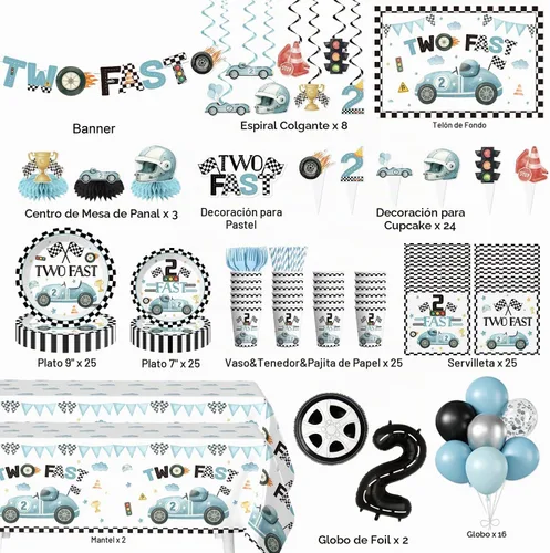 Vista 2 de Juego de vajilla de decoración de cumpleaños Two Fast de 187 piezas para servir a 25 invitados, decoraciones de cumpleaños 2 Fast incluye pancarta