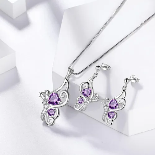 Vista 2 de Butterfly Heart Jewellery Sets Women 925 Sterling Silver Animal Butterflies Birthstone NecklaceEarring Set Crystal Wedding Birthday Jewelry