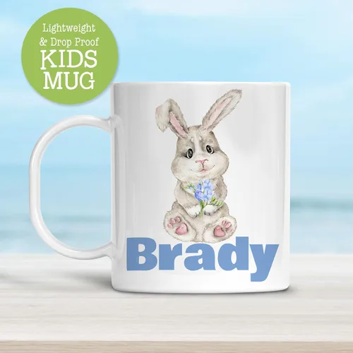 Vista 2 de Kids Easter Bunny Blue Personalized Cup, Unbreakable Mug Customized with Child's Name, Microwave Dishwasher Safe, BPA Free