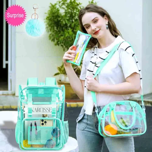 Vista 33 de Mochila transparente, aprobada por el estadio, para niñas y niños, mochila transparente de PVC resistente para mujeres y hombres