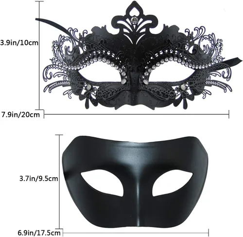 Vista 5 de Thmyo Máscara para parejas, máscara veneciana de metal brillante con diamantes de imitación, máscara de fiesta de disfraces de Halloween, paquete