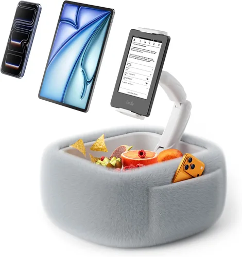 Vista 11 de LULULOOK Soporte de almohada Kindle ultra esponjoso para leer, soporte de almohada para tableta con cuenco de aperitivos y brazo plegable compatible