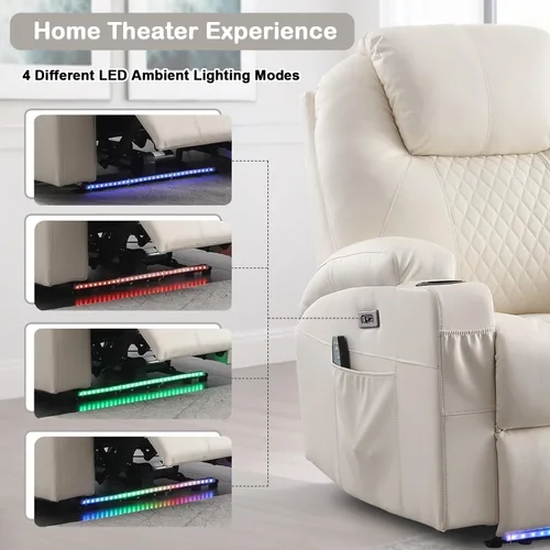 Vista 6 de Silla reclinable eléctrica con calor y masaje para adultos, asiento reclinable eléctrico de cine en casa con luces LED, portavasos, bolsillo