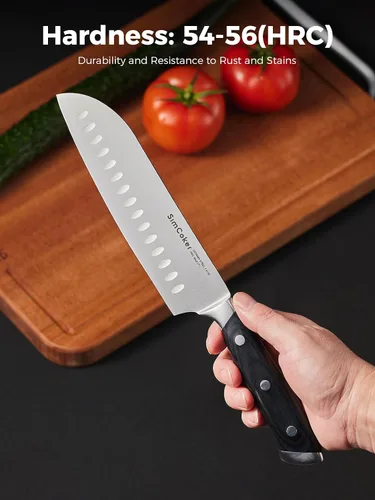 Vista 10 de Santoku - Cuchillo de 7 pulgadas, hoja alemana de acero inoxidable, cuchillo de corte profesional, mango ergonómico de madera de Pakkawood