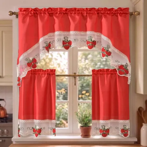 Vista 12 de YHSF Set de cortinas de cocina de 3 piezas con cenefa - Juego de cortinas de ventana de 2 niveles y cenefa con diseño de bolsillo para barra