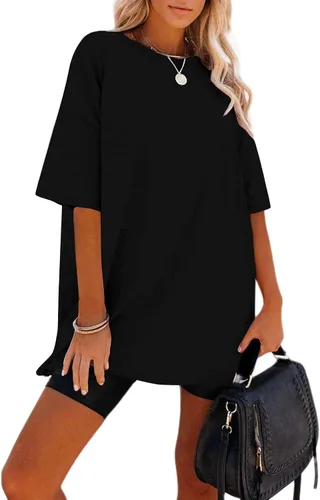Vista 3 de Remidoo Camiseta de Gran Tamaño para Mujer con Cuello Redondo Sólido de Manga Corta Holgada de Algodón