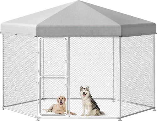 Vista 7 de YITAHOME Perrera para perros al aire libre con comederos giratorios, recinto para perros al aire libre de 7.5 x 7.5 pies con techo, jaula resistente